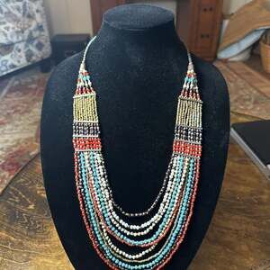 Vintage Multi-Color Glass Seed Beaded Multi-Strand Statement Necklace